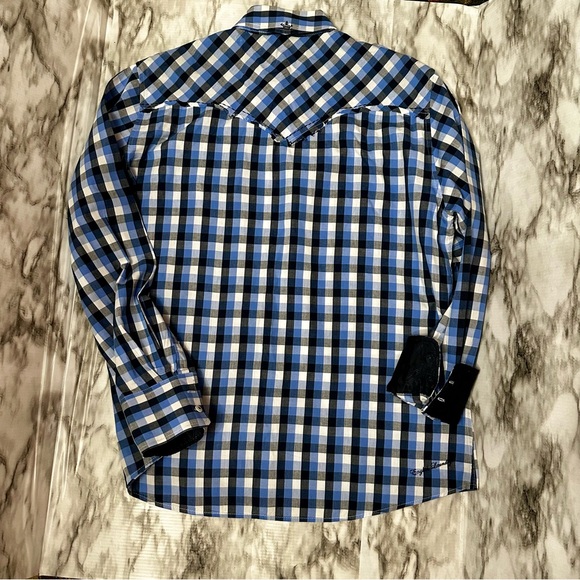 English Army People’s Army Blue Check Button Down Mens Shirt Sz L Hand Stitched - Picture 3 of 13